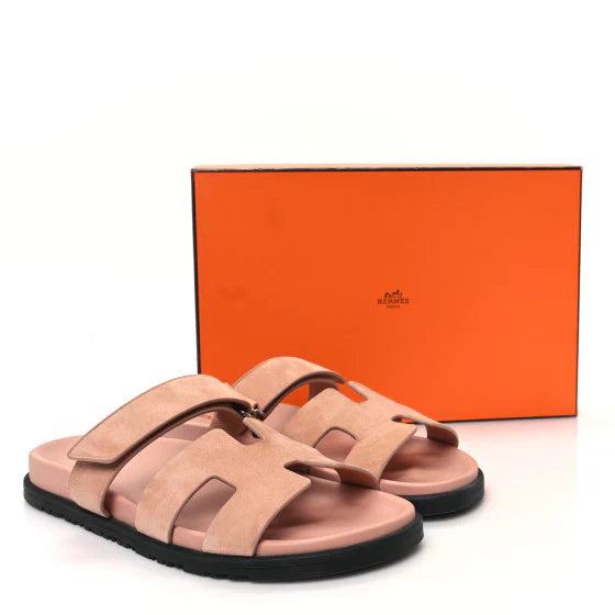 Hermes Suede Goatskin Womens Chypre Sandals Nude