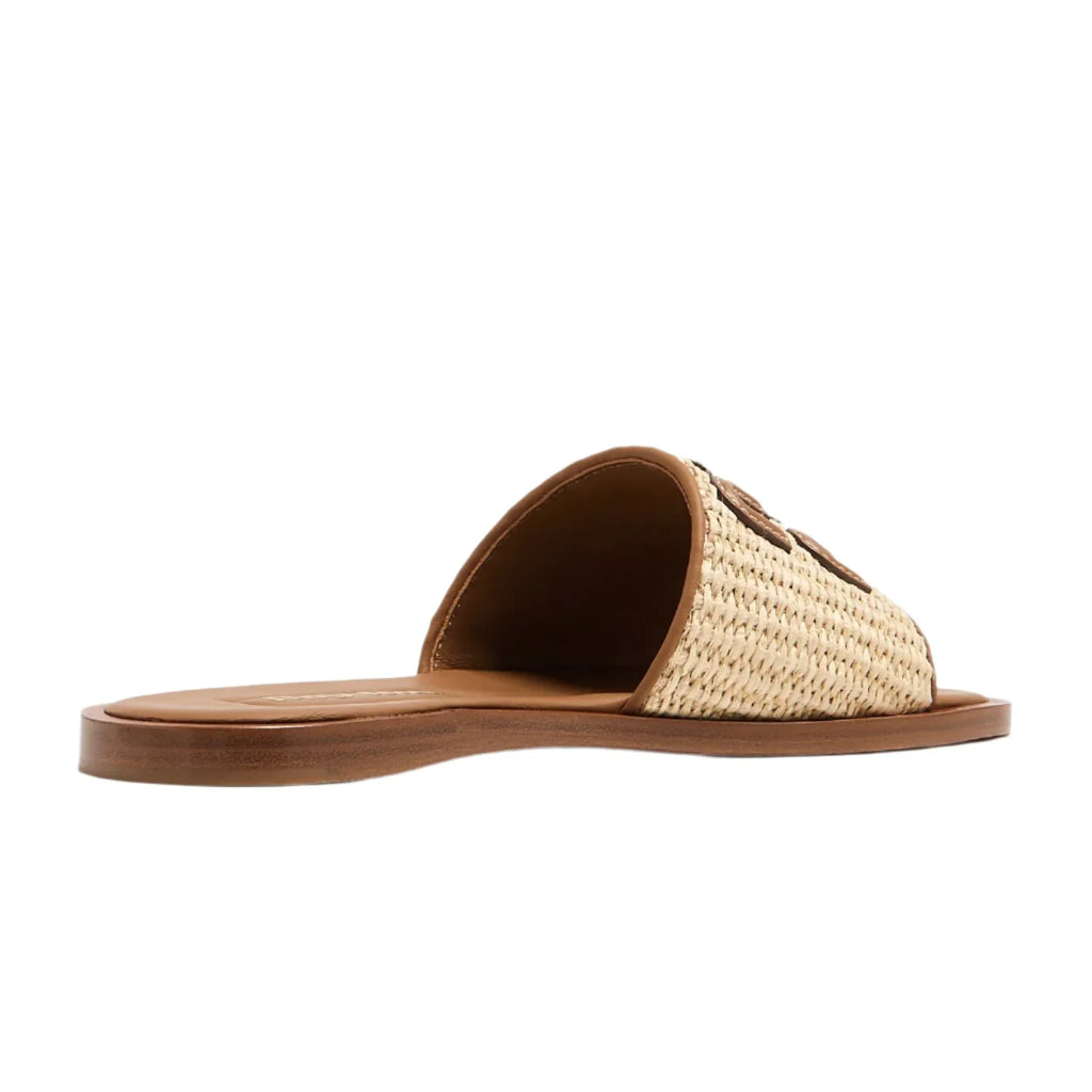 Miu Miu Raffia Logo Flat Slide Sandals beige