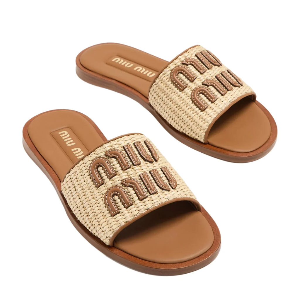 Miu Miu Raffia Logo Flat Slide Sandals beige