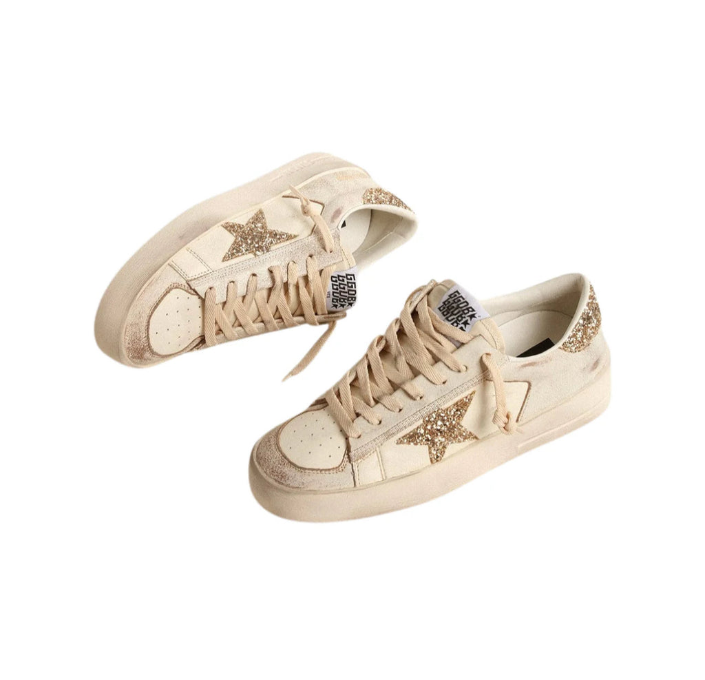 Golden Goose Stardan in ecru nappa leather with gold glitter star and heel tab(Women's)